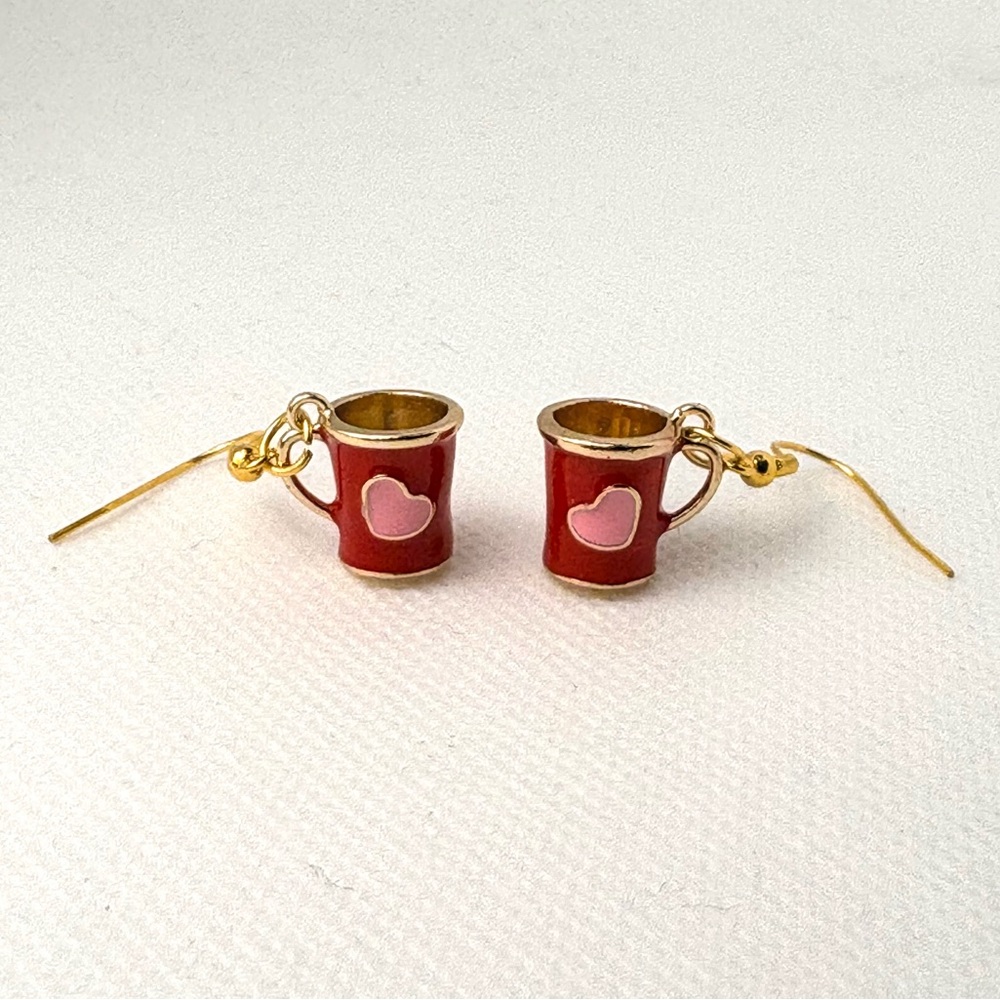 Heart Mug Earrings 3D Red Pink and Gold Handcrafted Hypoallergenic